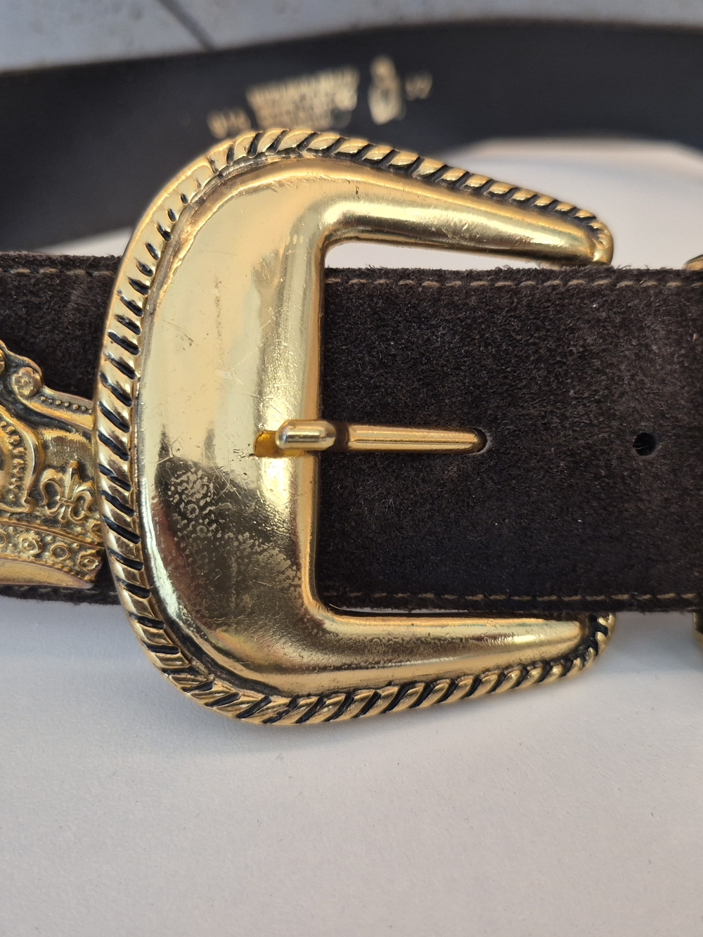 Butlers Belts Australia Brown Suede  Belt, Gold Buckle, Crown Gold Tone Accents